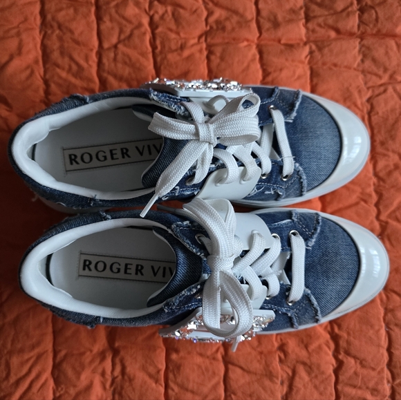 Roger Vivier Viv Crystal Buckle Skate Platform Sneakers Denim - Picture 7 of 7